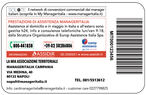 retro della Card Manageritalia con indicazioni riferimenti e contatti per assistenza emergenza in viaggio