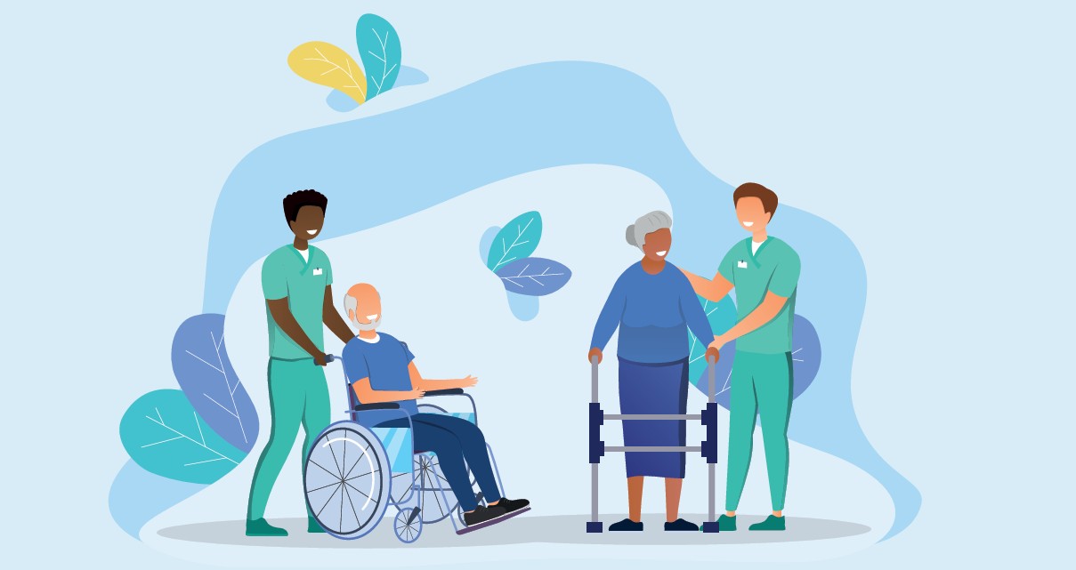 due operatori sociosanitari assistono una persona sulla sedia a rotelle ed una persona con un bastone